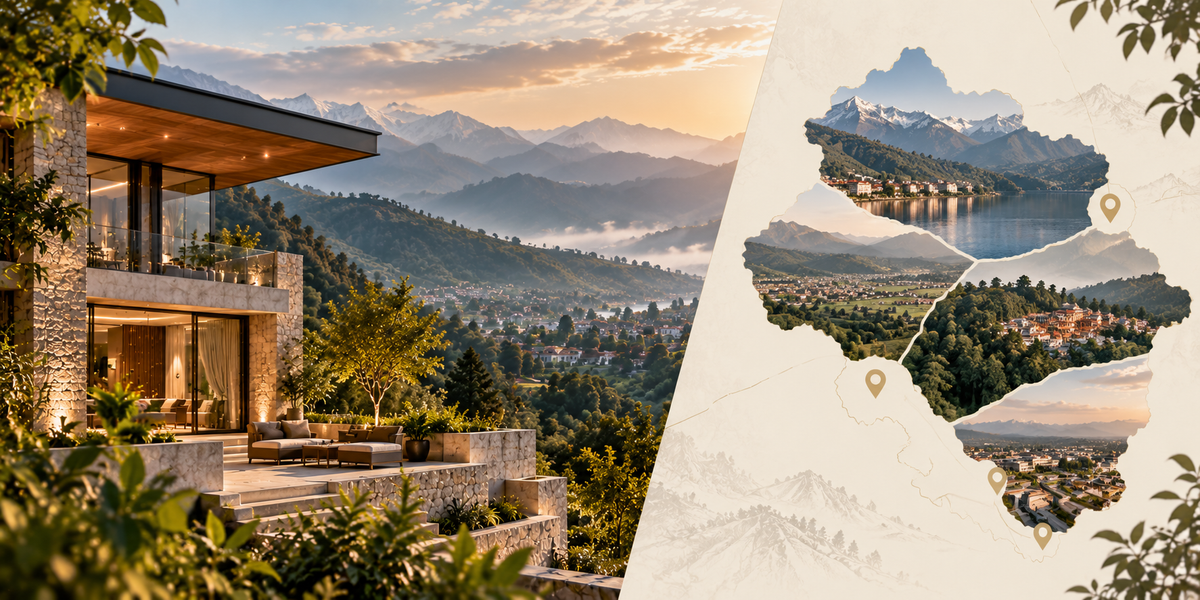 Contemporary architecture set within the Uttarakhand landscape
